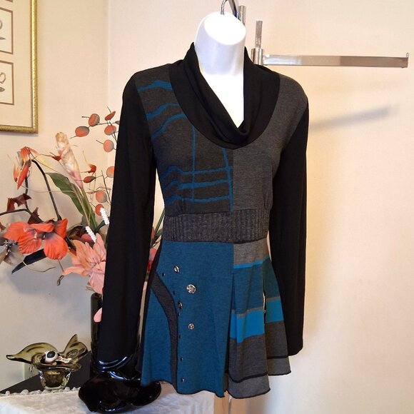 NWT Dolcezza Women's Black Gray Teal Blue Patchwork Blouse Long Sleeve Top 6 S - Picture 2 of 8